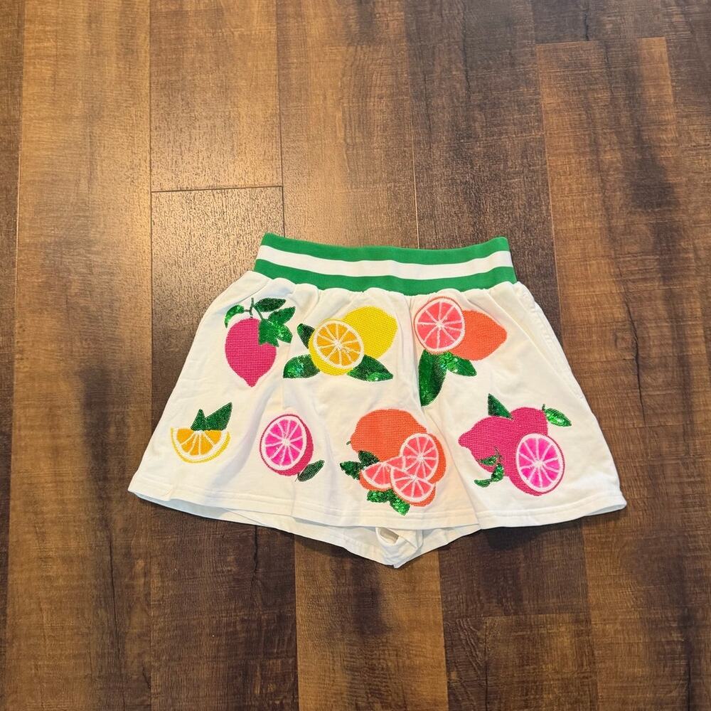 Queen of Sparkles Sequin Citrus Skort White Fruit Embellished Size Medium